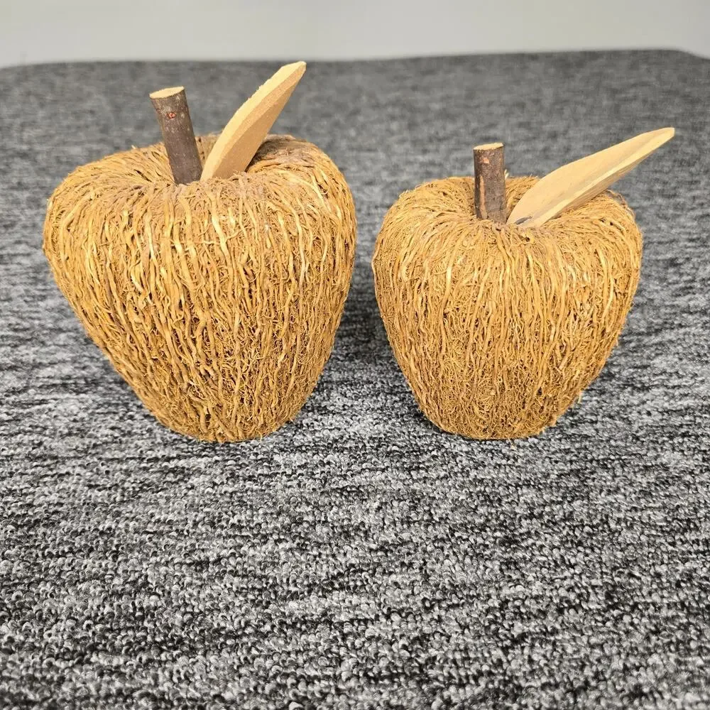 2 Rustic Decorative Apple Figurines Crafted Woven Natural Fibers & Twig Stem